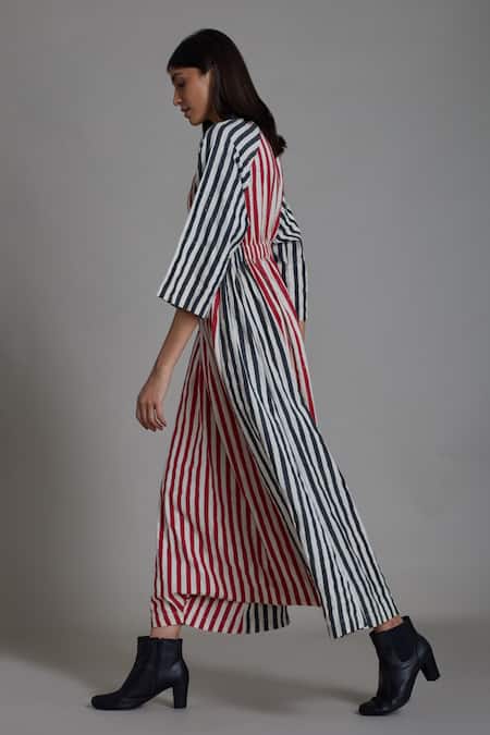 Shop_Mati_Off White 100% Cotton Striped T-shirt Collar Uno Pattern Jumpsuit _Online_at_Aza_Fashions