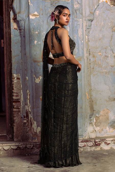 Buy Nitika Gujral Black Lurex, Georgette, Net Sequins, Beads, And Work Draped Saree With Blouse Online at Aza Fashions Buy_Nitika Gujral_Black Lurex, Georgette, Net Sequins, Beads, And Work Draped Saree With Blouse _Online_at_Aza_Fashions