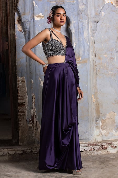 Shop_Nitika Gujral_Purple Net, Satin Sequins, Beads, Crystals Draped Saree With Cutout Bustier _Online_at_Aza_Fashions