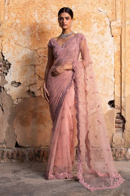 Buy Nitika Gujral Pink Net, Lycra, Satin Crystals, Beads Plunge Embroidered And Work Saree Set Online at Aza Fashions Buy_Nitika Gujral_Pink Net, Lycra, Satin Crystals, Beads Plunge Embroidered And Work Saree Set _Online_at_Aza_Fashions