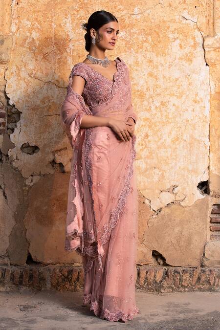 Shop Nitika Gujral Pink Net, Lycra, Satin Crystals, Beads Plunge Embroidered And Work Saree Set Online at Aza Fashions Shop_Nitika Gujral_Pink Net, Lycra, Satin Crystals, Beads Plunge Embroidered And Work Saree Set _Online_at_Aza_Fashions