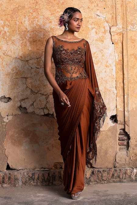 Buy_Nitika Gujral_Brown Satin Sequins, Crystals, Beads And Work Draped Saree _Online_at_Aza_Fashions