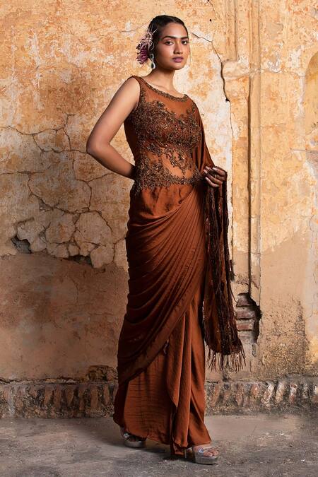 Shop_Nitika Gujral_Brown Satin Sequins, Crystals, Beads And Work Draped Saree _Online_at_Aza_Fashions