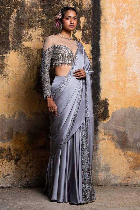Nitika Gujral Grey Net Sequins, Beads, Crystals Boat Neck Draped Saree With And Work Blouse Online at Aza Fashions Nitika Gujral_Grey Net Sequins, Beads, Crystals Boat Neck Draped Saree With And Work Blouse _Online_at_Aza_Fashions