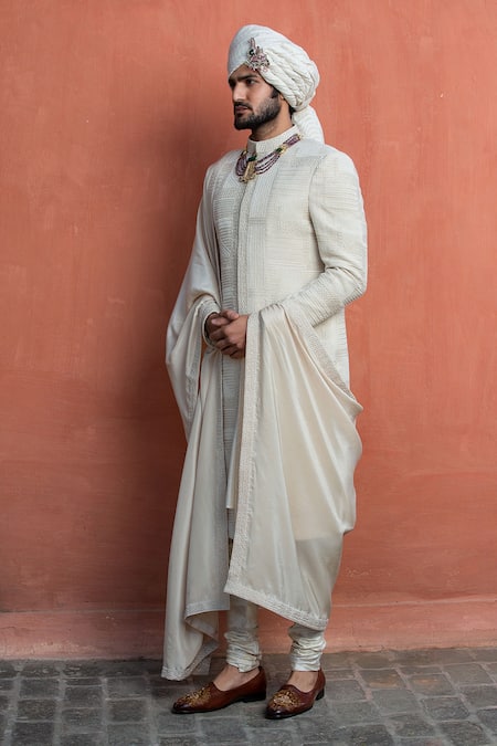 Nitika Gujral_Beige Floral Embroidered Border Stole _Online_at_Aza_Fashions