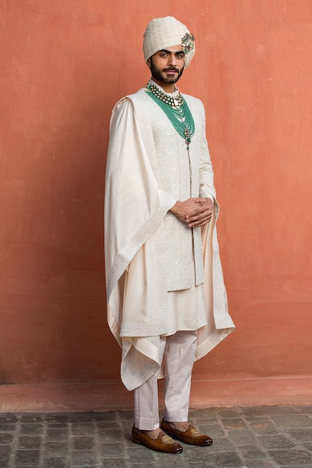 Buy_Nitika Gujral_Ivory Linen, Mohair, Cotton, Lycra Cut Work, Beads, Matka Tussar Achkan Set _Online_at_Aza_Fashions