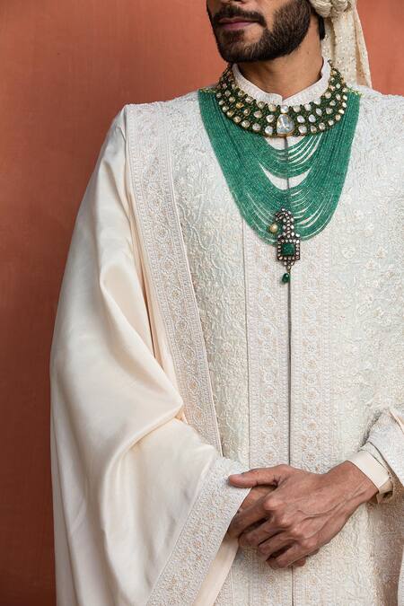 Buy_Nitika Gujral_Ivory Habutai Silk Embroidered Border Stole _Online_at_Aza_Fashions