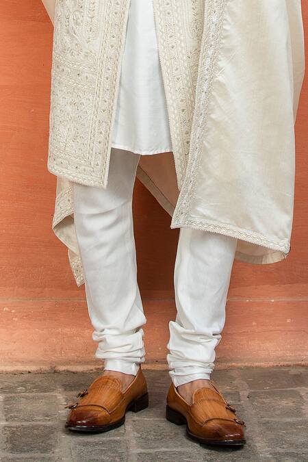 Shop_Nitika Gujral_Cream Sherwani Matka Silk Embroidered Resham And Dabka Set _Online_at_Aza_Fashions