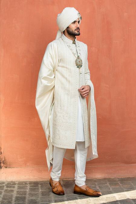 Nitika Gujral_Cream Sherwani Matka Silk Embroidered Resham And Dabka Set _Online_at_Aza_Fashions