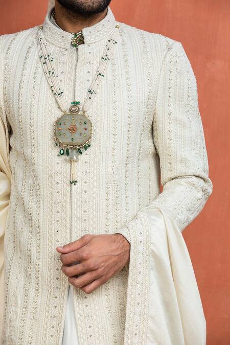 Buy_Nitika Gujral_Cream Sherwani Matka Silk Embroidered Resham And Dabka Set _Online_at_Aza_Fashions
