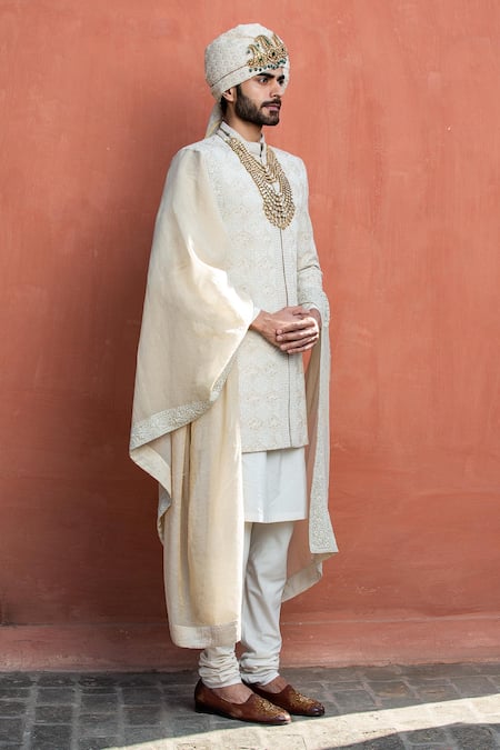 Nitika Gujral_Beige Achkan Moonga Silk Embroidered Dabka Garden Pattern Set _Online_at_Aza_Fashions