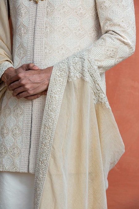 Buy_Nitika Gujral_Beige Achkan Moonga Silk Embroidered Dabka Garden Pattern Set _Online_at_Aza_Fashions