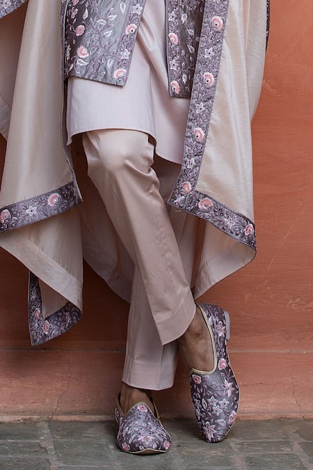 Shop_Nitika Gujral_Purple Taffeta, Mohair, Cotton, Lycra Mirrors, Embroidery Garden Achkan Set _Online_at_Aza_Fashions