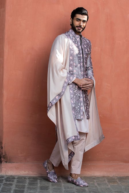 Nitika Gujral_Purple Taffeta, Mohair, Cotton, Lycra Mirrors, Embroidery Garden Achkan Set _Online_at_Aza_Fashions