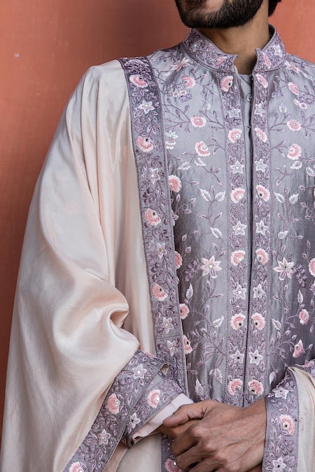 Buy_Nitika Gujral_Purple Taffeta, Mohair, Cotton, Lycra Mirrors, Embroidery Garden Achkan Set _Online_at_Aza_Fashions