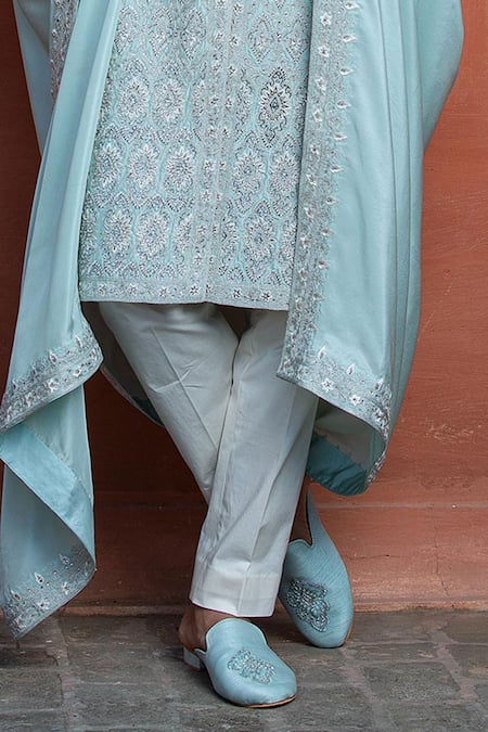 Shop_Nitika Gujral_Blue Achkan Dupion Silk Embroidered Dabka Flora Set _Online_at_Aza_Fashions