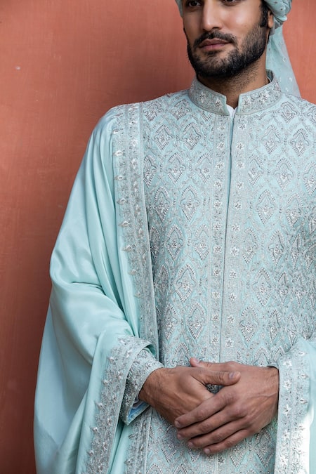 Buy_Nitika Gujral_Blue Achkan Dupion Silk Embroidered Dabka Flora Set _Online_at_Aza_Fashions