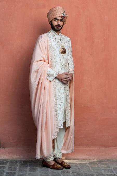 Nitika Gujral_Pink Floral Embroidered Hem Habutai Silk Stole_Online_at_Aza_Fashions