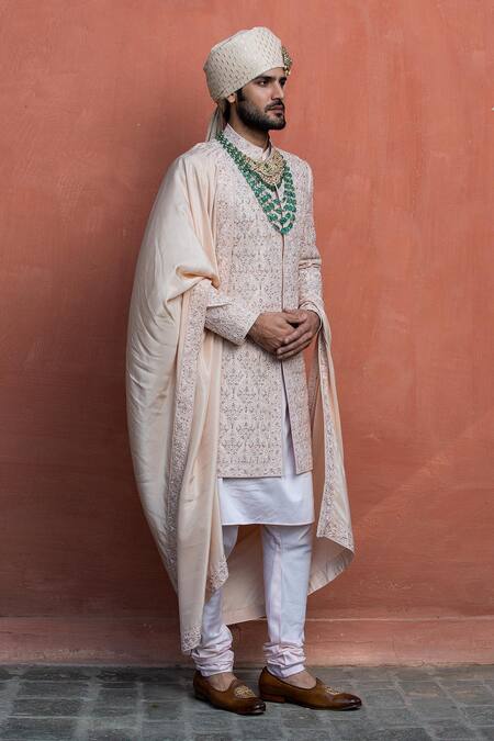 Nitika Gujral_Beige Habutai Silk Stole_Online_at_Aza_Fashions