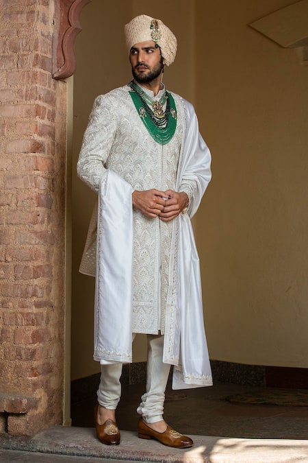 Nitika Gujral_Ivory Taffeta Silk Achkan Embroidery Resham And Dabka Work Set _Online_at_Aza_Fashions