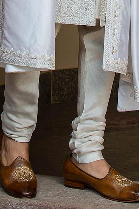 Shop_Nitika Gujral_Ivory Taffeta Silk Achkan Embroidery Resham And Dabka Work Set _Online_at_Aza_Fashions
