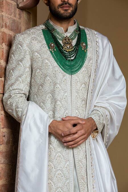 Buy_Nitika Gujral_Ivory Taffeta Silk Achkan Embroidery Resham And Dabka Work Set _Online_at_Aza_Fashions