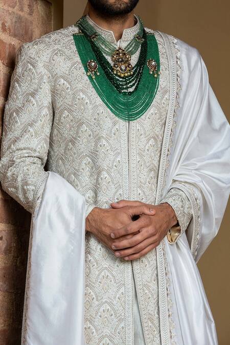 Buy_Nitika Gujral_Ivory Flower Embroidered Border Stole _Online_at_Aza_Fashions