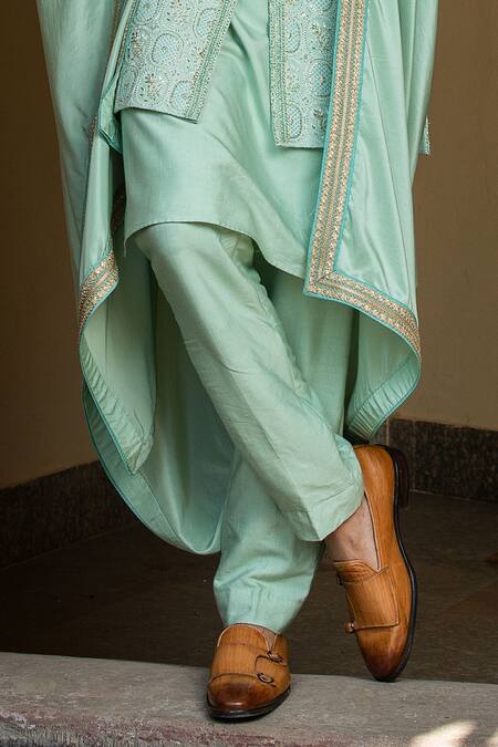 Shop_Nitika Gujral_Green Silk, Mohair, Cotton, Lycra Embroidery, Diamonds, Beads Floret Achkan Set _Online_at_Aza_Fashions