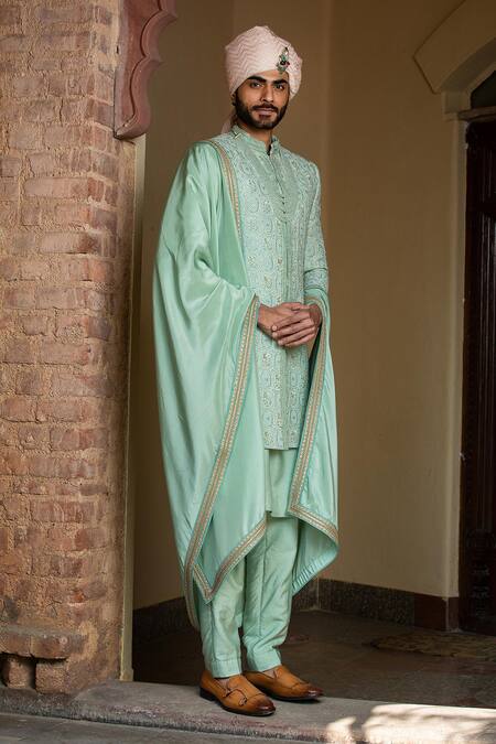 Buy_Nitika Gujral_Green Silk, Mohair, Cotton, Lycra Embroidery, Diamonds, Beads Floret Achkan Set _Online_at_Aza_Fashions