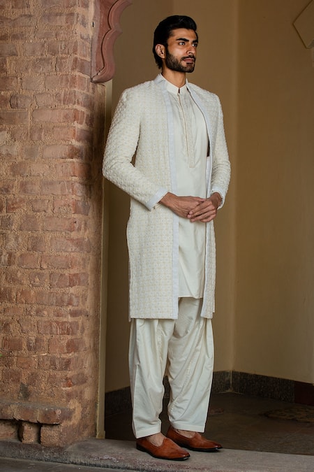 Nitika Gujral_Ivory Georgette, Viscose, Silk Crystals Embroidered Jacket Kurta Set _Online_at_Aza_Fashions