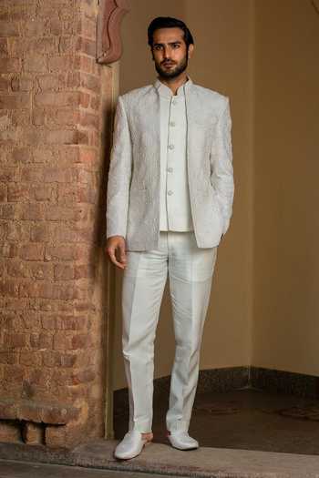 Nitika Gujral_Ivory Silk Beads Crystal Embroidered Jacket Bandhgala Set _Online_at_Aza_Fashions