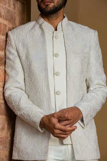 Buy_Nitika Gujral_Ivory Silk Beads Crystal Embroidered Jacket Bandhgala Set _Online_at_Aza_Fashions