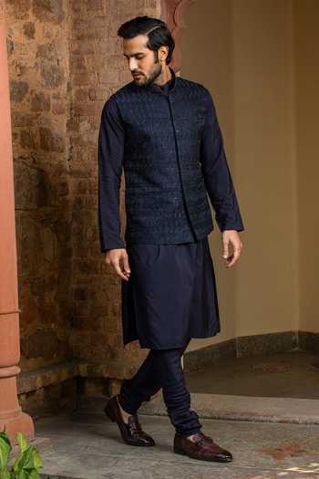 Nitika Gujral_Blue Silk, Viscose Crystals, Beads, Embroidery Bundi Kurta Set _Online_at_Aza_Fashions