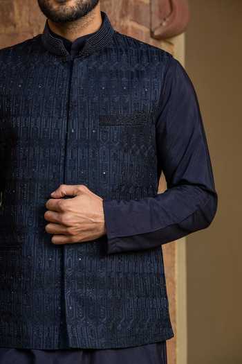 Buy_Nitika Gujral_Blue Silk, Viscose Crystals, Beads, Embroidery Bundi Kurta Set _Online_at_Aza_Fashions