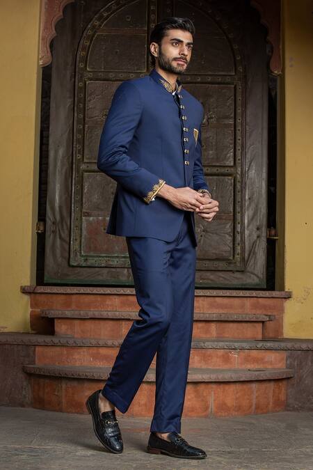 Nitika Gujral_Blue Wool Embroidery Placement Zardozi Bandhgala Set _Online_at_Aza_Fashions