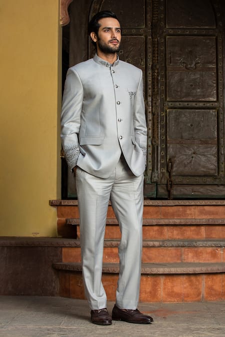 Nitika Gujral Grey Wool Full Sleeve Zardozi Embroidered Bandhgala Set Online at Aza Fashions Nitika Gujral_Grey Wool Full Sleeve Zardozi Embroidered Bandhgala Set _Online_at_Aza_Fashions