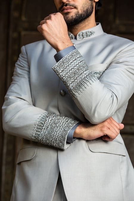 Buy Nitika Gujral Grey Wool Full Sleeve Zardozi Embroidered Bandhgala Set Online at Aza Fashions Buy_Nitika Gujral_Grey Wool Full Sleeve Zardozi Embroidered Bandhgala Set _Online_at_Aza_Fashions