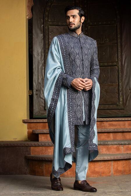 Nitika Gujral_Blue Floral Embroidered Border Stole_Online_at_Aza_Fashions