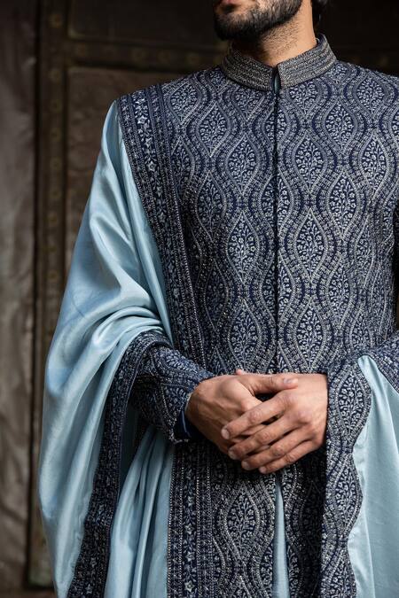 Buy_Nitika Gujral_Blue Floral Embroidered Border Stole_Online_at_Aza_Fashions