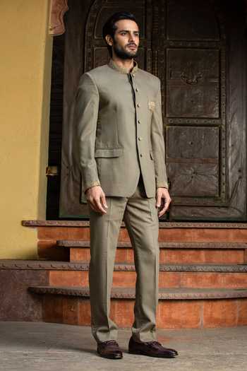 Nitika Gujral_Green Wool Embroidery Zardozi Bandhgala Set _Online_at_Aza_Fashions