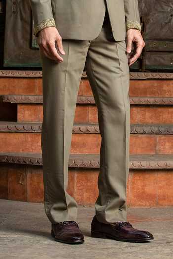 Shop_Nitika Gujral_Green Wool Embroidery Zardozi Bandhgala Set _Online_at_Aza_Fashions