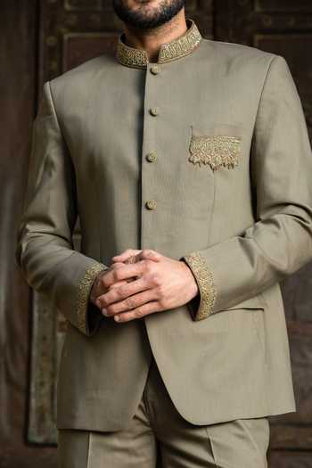 Buy_Nitika Gujral_Green Wool Embroidery Zardozi Bandhgala Set _Online_at_Aza_Fashions