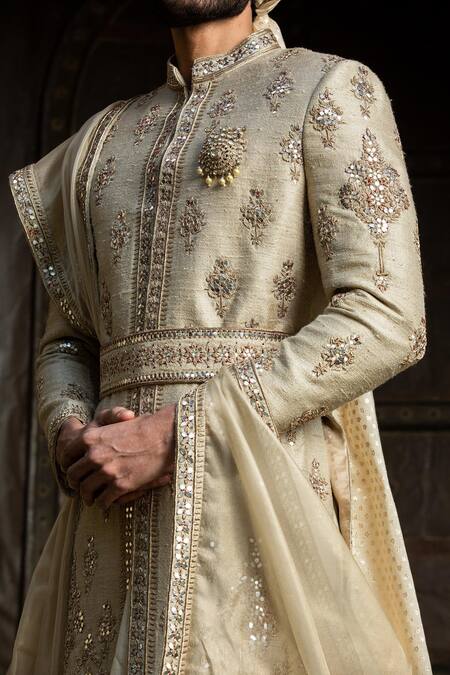 Buy_Nitika Gujral_Gold Achkan Twill Weave Matka Embroidery Dabka Mirrors Flower Motif Set _Online_at_Aza_Fashions