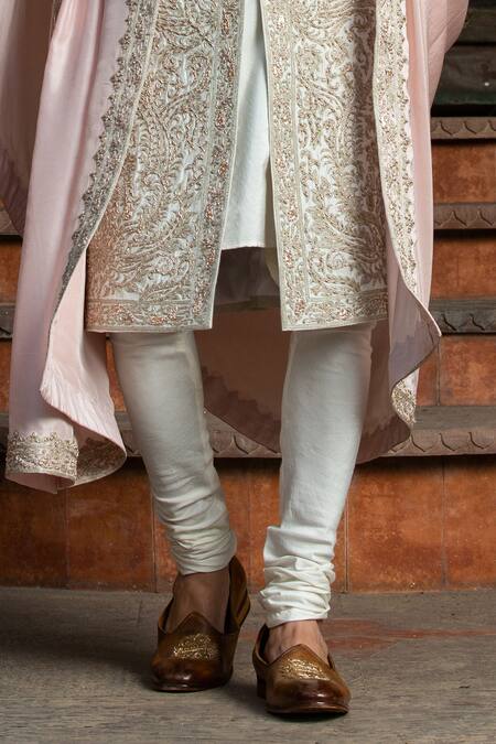 Shop_Nitika Gujral_Ivory Taffeta, Mohair, Muslin Embroidery, Beads, Diamonds Resham Achkan Set _Online_at_Aza_Fashions