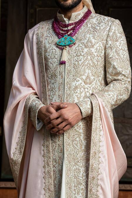 Buy_Nitika Gujral_Ivory Taffeta, Mohair, Muslin Embroidery, Beads, Diamonds Resham Achkan Set _Online_at_Aza_Fashions