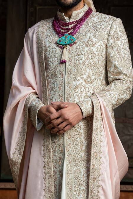 Buy_Nitika Gujral_Beige Floral Embroidered Border Stole _Online_at_Aza_Fashions