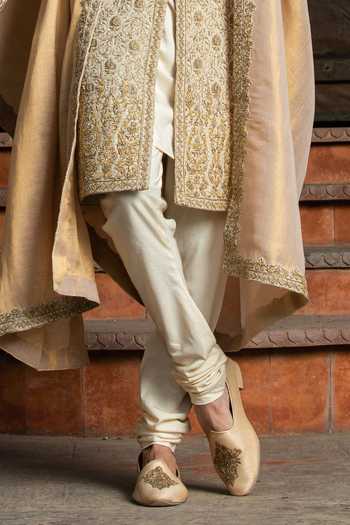 Buy_Nitika Gujral_Beige Mohair, Modal Beads, Zari Floral Embroidered Achkan Set _Online_at_Aza_Fashions