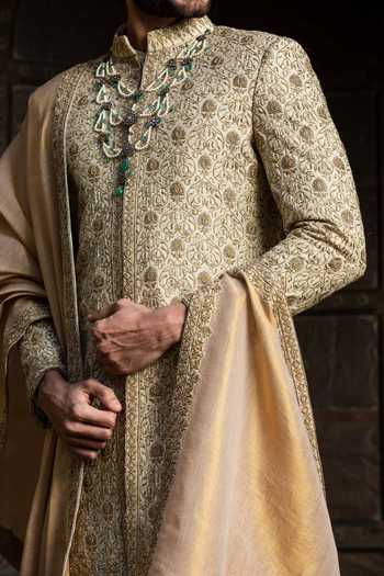 Nitika Gujral_Beige Mohair, Modal Beads, Zari Floral Embroidered Achkan Set _Online_at_Aza_Fashions