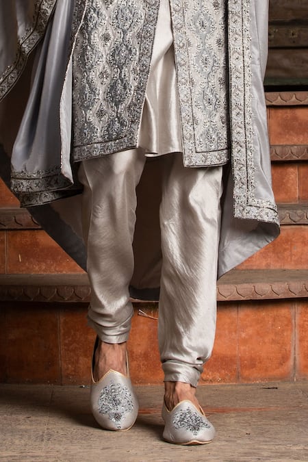 Shop Nitika Gujral Grey Silk, Mohair Applique, Beads, Diamonds, Floral Achkan Set With Belt Online at Aza Fashions Shop_Nitika Gujral_Grey Silk, Mohair Applique, Beads, Diamonds, Floral Achkan Set With Belt _Online_at_Aza_Fashions