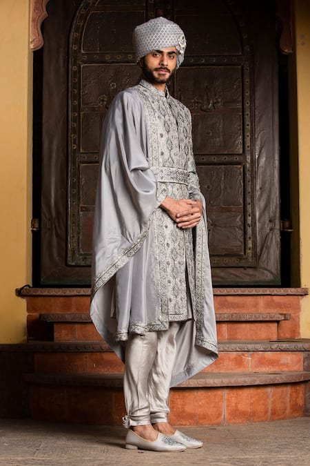 Nitika Gujral Grey Silk, Mohair Applique, Beads, Diamonds, Floral Achkan Set With Belt Online at Aza Fashions Nitika Gujral_Grey Silk, Mohair Applique, Beads, Diamonds, Floral Achkan Set With Belt _Online_at_Aza_Fashions